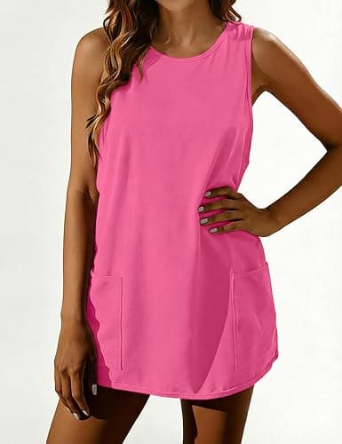 Athlisan Womens Sleeveless Tennis Workout Summer Crewneck Mini Romper Dress with Pockets Athletic Mini Dress Built in Shorts thumbnail 4