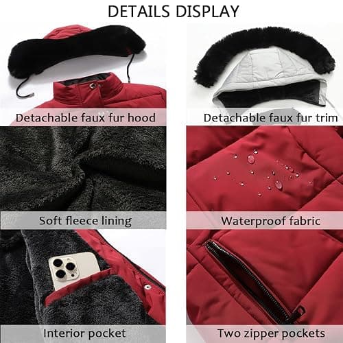 MOERDENG Women's Winter Puffer Coat Thicken Fleece Lined Down Jacket Waterproof Faux Fur Detachable Hooded Parka - Medium - Red thumbnail 5