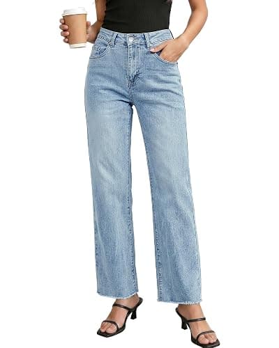 GRAPENT Straight Leg Jeans for Women High Waisted Stretchy Frayed Raw Hem Loose Denim Pants Casual Baggy Jean Trousers - Image 1