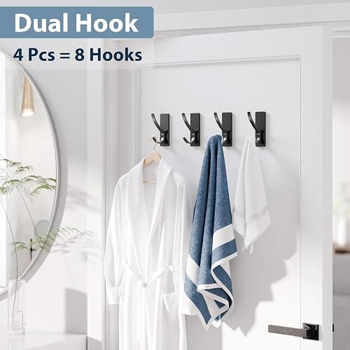 Josmimic Self Adhesive Towel Hooks: Extra Strong 13LB, Stainless Hook for Hanging Loofah, Towels, Coat, Bath Robe Bathroom Shower, Black, 4 Pack - Black - 4 Pack thumbnail 5