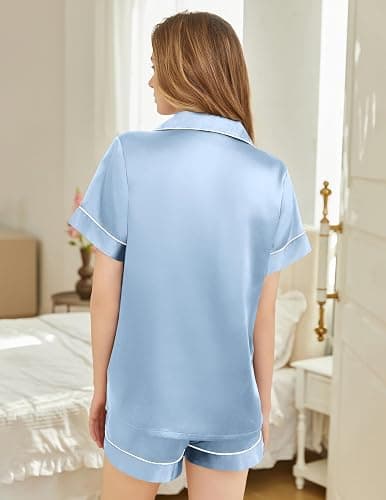 SHEFOTY Silk Pajamas for Women Short Sleeve Sleepwear Soft Button Down Loungewear 2 Piece Satin Pjs Shorts Set S-XXL thumbnail 6