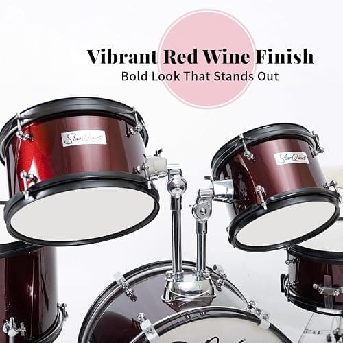 StarQuest SQ-DS-JR5-MWR 5-Pieces Drum Set for Beginners, Complete Junior-Sized Drum Kit Metallic Red Wine W/ 16"Bass, Drumsticks, Snare, Cymbal, Hi-Hat, Toms & Adjustable Stool thumbnail 3