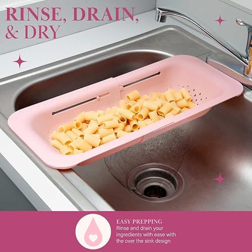 Paris Hilton Over the Sink Expandable Colander, Extendable Strainer, Adjustable from 14.5 inches to 19.5 inches, Fits most kitchen sinks, Made without BPA, Pink thumbnail 5