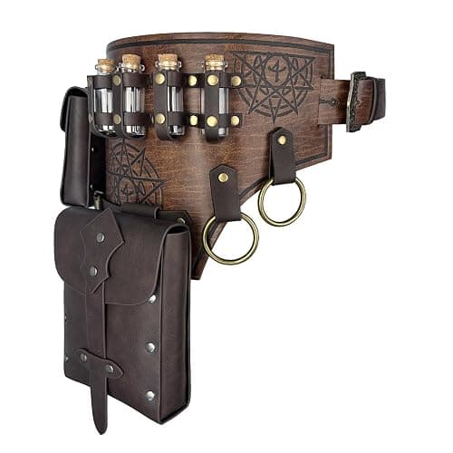HiiFeuer 4 PCs Medieval Alchemy Belt Costume, Fantasy Faux Leather Wizard Potion Holder Belt with 4 Cork Vials and Belt Bag (Brown A) - Image 1