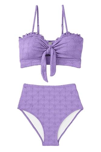 Herseas Women's Seashell Textured Bikini Sets Knotted Front 2 Piece Swimsuits Ruffle Trim Bathing Suits thumbnail 4