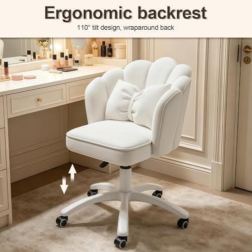 XUEGW Petal Desk Chair with Bow Cushion Velvet Vanity Chair with Wheels, Upholstered Home Office Chair for Girls Women, Mid-Back Swivel Computer Task Chairs for Living Room Bedroom thumbnail 7