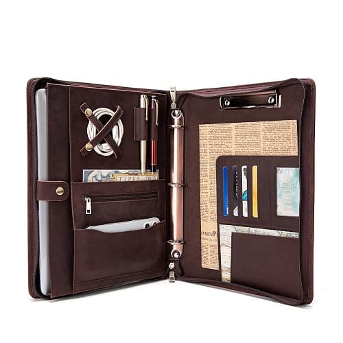 Handmade Genuine Leather Portfolio, Zippered Padfolio with 3 Ring Binder, Professional Business Organizer, Resume Folder, Notebook Organizer with Tablet Document Holder for Men, Women, Business Trip - Image 1