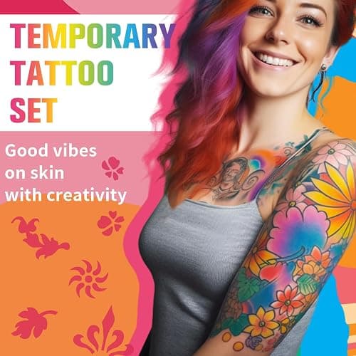 Temporary Tattoo Markers for Skin,15PCS Dual-Ended Tattoo Pen + 50 Paint Stencils + 43 Tattoos Stickers,Glitter & Matte & Neon Glow Body Marker Set, Removable Fake Tattoos Kit for Teens and Adult thumbnail 5