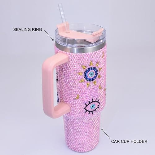 Cupcupmore 40 oz Pink Evil Eye Bling Rhinestone Stainless Steel Sippy Tumbler Glitter Vacuum Insulated Water Bottle with Straw & Lid &Handle,Sparkle Car Cup Holder,Keeps Cold 12 Hours Drinks,Coffee thumbnail 4