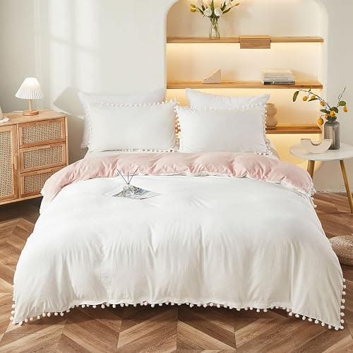 Bedbay Pink Comforter Set Twin Size Dorm Bedding Cute Pom Pom Fringe Boho Comforter White and Pink Reversible Bedding Sets for Girls Boys Soft Washed Microfiber 2 Pcs thumbnail 4