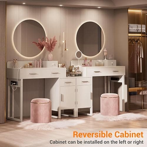 Vanity Desk with 4 Storage Drawers - Modern Makeup Vanity Table with Charging Station, White Vanity Desk with Reversible Cabinet Dressing Table Set with Divided Organizers for Women Girls, White thumbnail 4