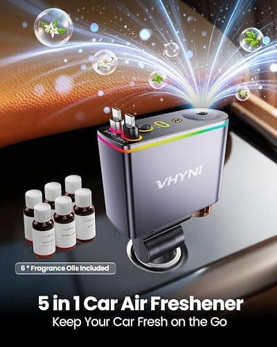 VHYNI Smart Car Air Freshener Diffuser,Auto Car Diffuser with 6 Fragrances | 2-in-1 Car Diffuser with Retractable Charger, Ultrasonic Car Aromatherapy Mist, Auto On/Off, Ambient Light thumbnail 2