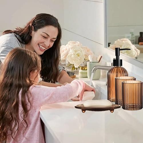 Brown Bathroom Accessories Set, Glass Bathroom Accessory Sets Complete Includes Soap Dispenser, Toothbrush Holder, Mouthwash Cup, Soap Dish for Bath Decor, Countertop Vanity Organize thumbnail 5