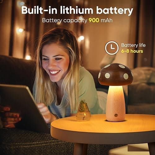 LONRISWAY LED Wooden Mushroom Lamp for Bedroom,Portable Cordless Touch Switch Small Rechargeable Battery Operated Lamp,Stepless Dimming, Night Light for Birthday Gifts thumbnail 8