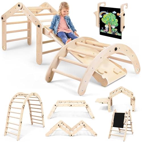 Woodure 7-in-1 Montessori Klettergerüst Indoor Set, Verformbares Kletterdreieck mit Rutsche & Kletterbogen, Hölzernes Pikler Dreieck zum Baby Klettern, Klettergerüst Montessori Spielzeug ab 1-6 Jahre - Image 1