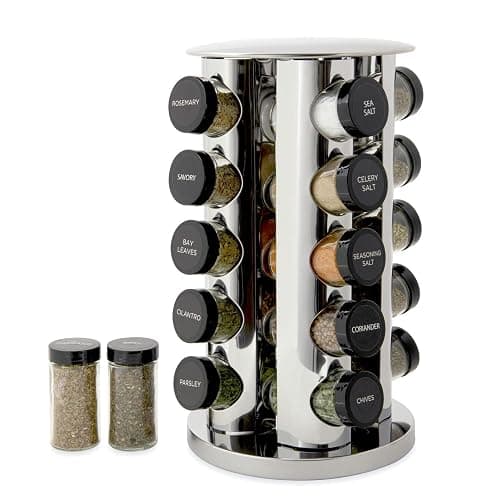 Kamenstein 20 Jar Revolving Countertop Spice Rack with Spices Included, FREE Spice Refills for 5 Years, Polished Stainless Steel with Black Caps, 30020 - 20-Jar - Classic Cap - Rack - Image 1
