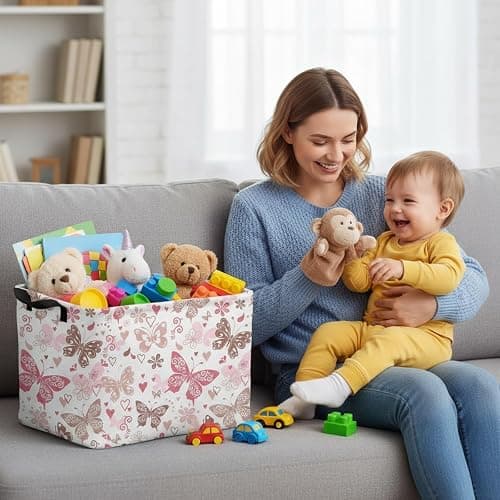 HEFEICZ Butterfly Basket – Adorable Kids Storage Bins, Perfect for Girls Room Organization & Decor, Cute & Functional Toy Box with Handles (Pink&Khaki) thumbnail 6