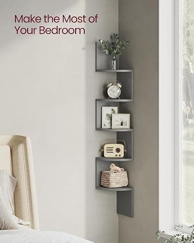 VASAGLE Corner Shelf Wall Mount, 5-Tier Floating Corner Bookshelf, Plant Shelf for Bedroom, Living Room, Bathroom, Home Office, Dove Gray thumbnail 4