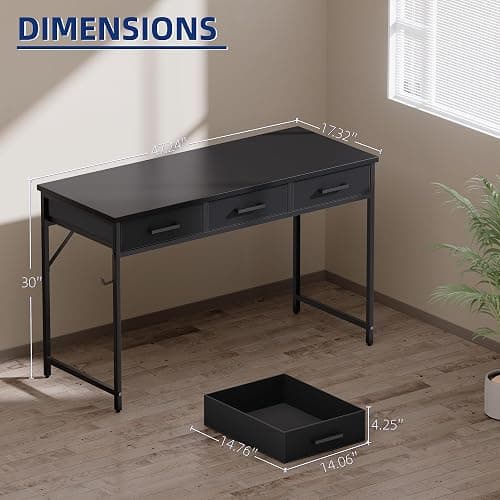 Pamray 47 Inch Small Computer Desk with 3 Drawers for Bedroom Study Writing Home Office Table for Small Spaces Pink thumbnail 3