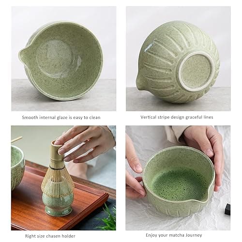 TANG PIN Matcha Set - Match Bowl with Spout and Whisk, 15 OZ, Matcha Scoop | Matcha Whisk Stand (Chasen Holder) - 4pc Perfect Matcha Kit for Matcha Tea Ceremony (Mottled Green) - Mottled Green thumbnail 3