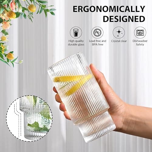 AFINSEA 16OZ Ribbed Glass Cups with Lids and Straws,Iced Coffee Cups with Lid,Vintage Glassware for Whiskey Cocktail Beer Fruit Juice Glasses Tumbler(1Pack) thumbnail 7