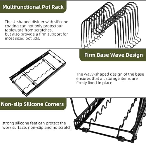 ROOHUA Pot Rack -Expandable Pan Organizer for Cabinet, Lid Holder with 10 Adjustable Compartment for Kitchen Cabinet Cookware Baking Frying Rack thumbnail 5