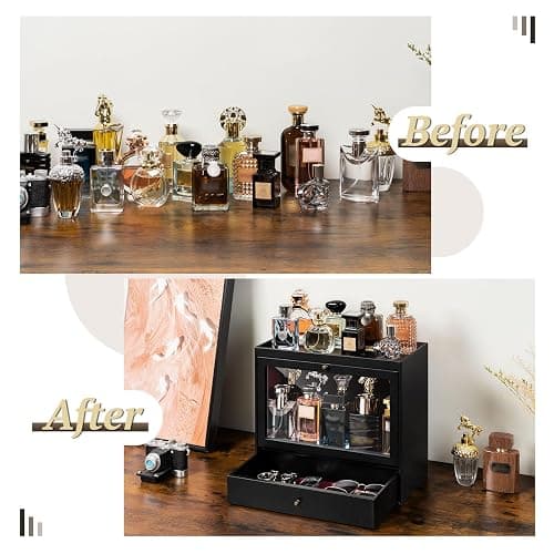 Emfogo Cologne Organizer, Leather Perfumes Organizer for Dresser, Large Capacity Dustproof Cologne Holder with Drawer Storage Perfume Stand Organizer, Ideal Gift for Loved ones thumbnail 7
