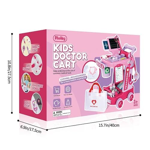 Phobby Doctor Kit for Toddlers Aged 3 4 5, Medical Pretend Play Set for Kids with Bag and Costume, Doctor Cart Toy for Girls Boys Birthday Gift (Pink) thumbnail 9