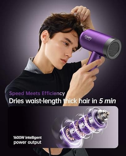 Hair Dryer with Diffuser, CONFU Ionic Blow Dryer 1600W, Portable Lightweight Fast Drying Negative Ion Hairdryer, 3 Heat Settings with Diffuser and Concentrator Nozzle for Home & Travel thumbnail 2
