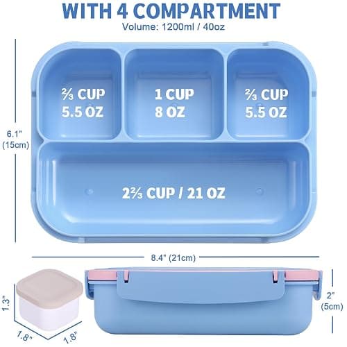 shell and turtle Bento Box Adult Lunch Box, Lunch Containers for Kids Girls Boys with 4 Compartments, Lunchable Food Container with Utensils, Sauce Jar, Muffin Liners, 40 Oz/5 Cup, Blue Pink thumbnail 3