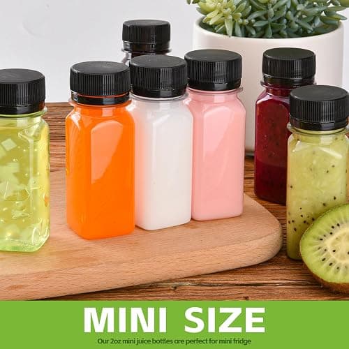12 pcs 2oz Small Plastic Juice Bottles with Lids，Reusable Leak proof Ginger Shots Bottle with Black caps, Wellness Mini Jars Plastic Containers for Smoothie, Water, Milk and Other Beverages thumbnail 5