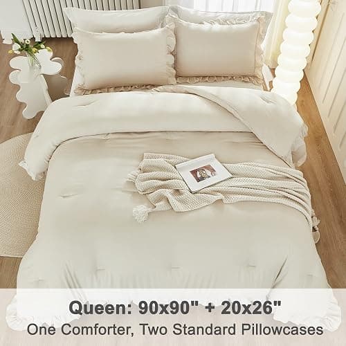 Litanika Queen Comforter Set Beige, 3 Pieces Ruffle Lightweight Bedding Comforter Set, Fluffy Bed Set (90x90In Comforter, 2 Pillowcases) thumbnail 7