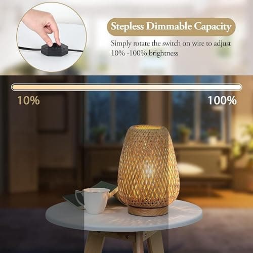 Rattan Table Lamp, Stepless Dimmable Small Beside Lamp, Vintage Wicker Wooden Nightstand Boho Bamboo Woven End Table Lamps for Bedroom Living Room Desk Kids Room, 2700K T45 LED Bulb Included thumbnail 2