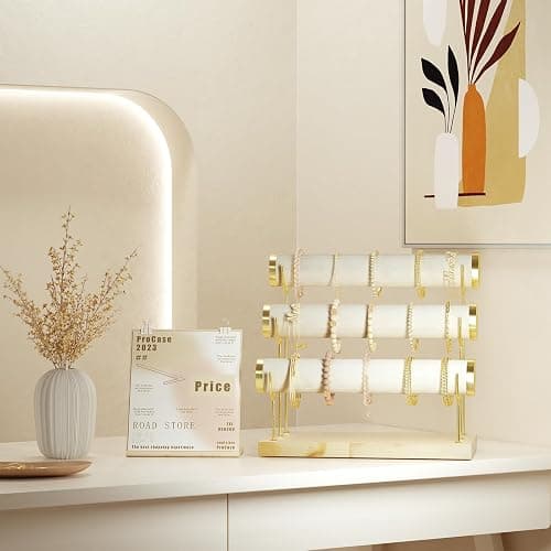 ProCase Bracelet Holder Display Bracelet Organizer Stand, Gold Detachable Bangle Storage Rack for Selling, Velvet Wrap Watch Holder with Wooden Base for Women Girls, Business Supplies - 3 Tier, Beige thumbnail 5