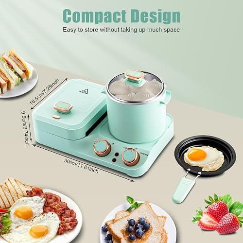 JEYUUMIM 3 in 1 Breakfast Station Retro Household Breakfast Maker with Detachable Baking Tray Electric Mini Toaster Bread Breakfast Machine with Frying Pan Boiling Pot Food Steamer thumbnail 3