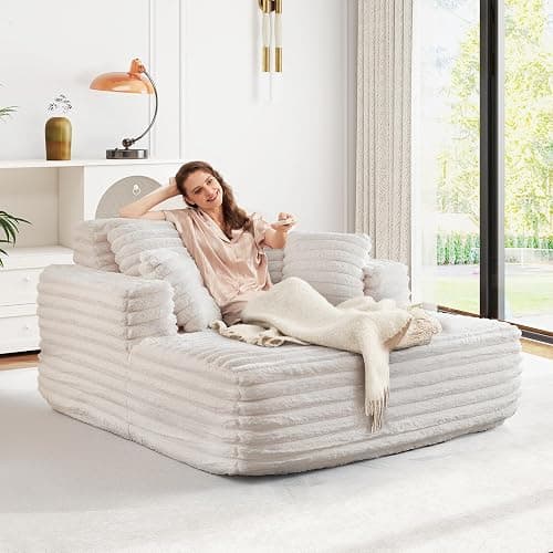 JEEOHEY 56" Oversized Chaise Lounge Chair Indoor,Plush Faux Fur Sleeper Sofa Couch Bed with Pillows&Wide Armrests,Fluffy Comfy Cloud Couch,Compression Foam Couch for Living Room,Bedroom(Beige) thumbnail 6