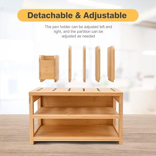 Homde Bamboo Desk Organizer with File Holder, Office Organization for Desks with Adjustable Pen Holding, Desktop Letter Paper Tray Storage for Workplace Home School (3-Tier,Natural) thumbnail 3