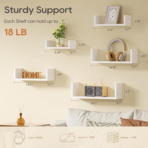 SRIWATANA White Floating Shelves, Set of 5 Solid Wood Wall Mounted Shelves | Sturdy Rustic Wall Organizers in 5-Piece Set; Space-Saving Wood Shelves to Create Custom Gallery Displays for Decor & Storage thumbnail 6