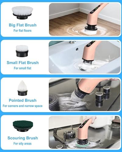 Leebein Electric Spin Scrubber, Cordless Powerful Scrub Brush for Cleaning Bathroom, Kitchen, Shower Tub and Floor Tile with Adjustable Extension Long Handle and 8 Replaceable Brush Heads(Rose) thumbnail 5