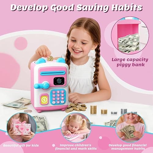 【Upgraded】 Piggy Bank, Face ID Password Unlocking Electronic Kids Bank ATM Security Unlocking Cash Coin Bank Toys Gifts for Kids, Coin Bank for 3 4 5 6 7 8 9 10 11 12 Year Old Girls Boys thumbnail 2