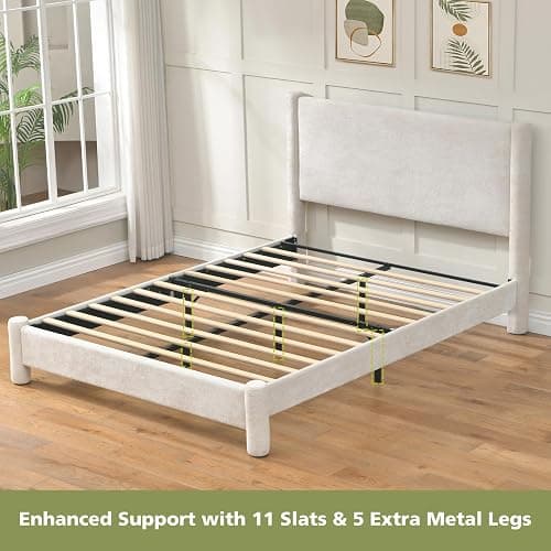 VELOCAVA Queen Size Upholstered Platform Bed Frame with Soft Rounded Corners, 44.88" Tall Headboard, Luxury Plush Velvet Upholstery, 11 Slats & 5 Center Legs, No Box Spring Needed, Cream White thumbnail 5