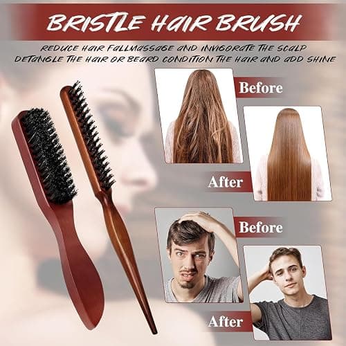 Boar Bristle Hair Brushes set，2 Pack Wooden Handle Slick Back Brush for Smoothing, Taming Wavy & Frizzy Hair, Teasing Comb for Edges Beard thumbnail 3