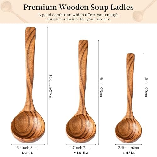 Gudamaye 3 Size Wooden Soup Ladles Set,3 Hooks for Bowl,Pot. Natural Teak Wooden Ladle,10.6 inch Big Soup Ladle, 9 inch Serving Spoon & 8 inch Wood Ladles for Cooking,Teak Deep Ladle Spoons thumbnail 3