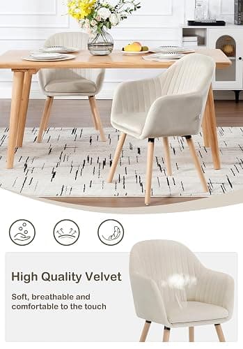 WOLTU Dining Chair, Upholstered Armchair Bedroom Chair, Cream White | Solid Wood Legs, Armrests, Backrest, Padded Seat for Lounge Living Room Reception Bedroom, Velvet thumbnail 7