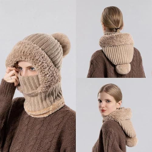 Women's Knitted Hat in Autumn and Winter, 3 in 1 Cold Resistant Hat, Wind-Resistant Scarf Hat Face Mask Hooded Scarf thumbnail 5