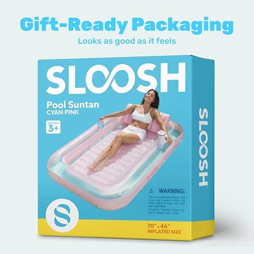 SLOOSH Inflatable Tanning Pool Lounger Float, 70" x 46" Pool Floats Adult with Pillow, 4 in 1 Suntan Tub Raft Floatie,Sunbathing Bed Lounge for Water Blow Up Ball Pit Party Gifts, L-Cyan Pink thumbnail 9