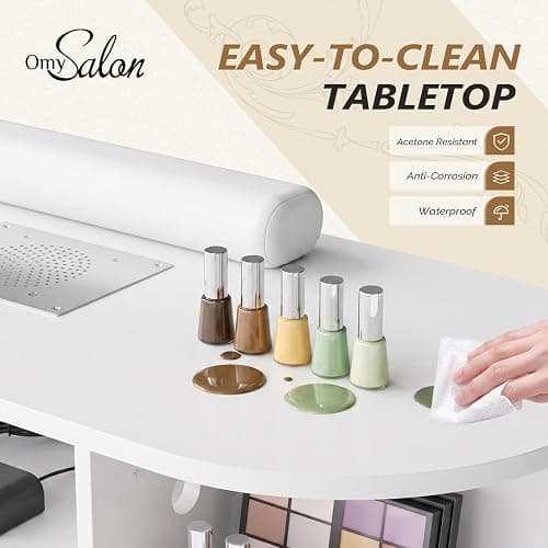 OmySalon Nail Desk for Nail Tech with Electric Dust Collector – Rattan Manicure Table, Professional Salon Station with Display Rack, Storage Drawers, Acetone Resistant Surface & Wrist Cushion (White) thumbnail 7