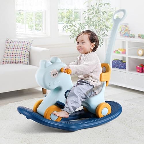 LLparty 4 in 1 Rocking Horse for Toddlers 1-3 Years Old, Baby Rocking Toy Fun Birthday Gift for 1+ Boys, Ride on Toy with Detachable Balance Board and Footrest, Balance Bike with Push Handle, Blue - Image 1