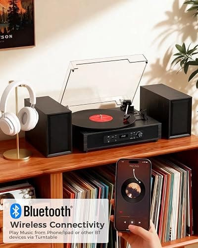 Vinyl Record Player with 4+2 External Stereo Speakers Bluetooth 3-Speed Belt Drive Turntable for Vinyl Records Two Speakers USB/SD Recording RCA Headphone Out& AUX-in, Vintage Black Wood thumbnail 3