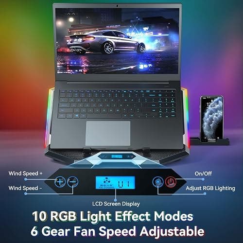 ICE COOREL Gaming Laptop Cooling Pad with 8 Cooling Fans, Laptop Fan Cooler Pad for 15-17.3 Inch, Notebook Cooler Stand with 6 Height Adjustable, RGB Cooling Pad with Two USB Port + Phone Stand thumbnail 3